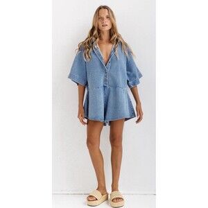 Light Blue Denim Romper - Women's Short Jumpsuit